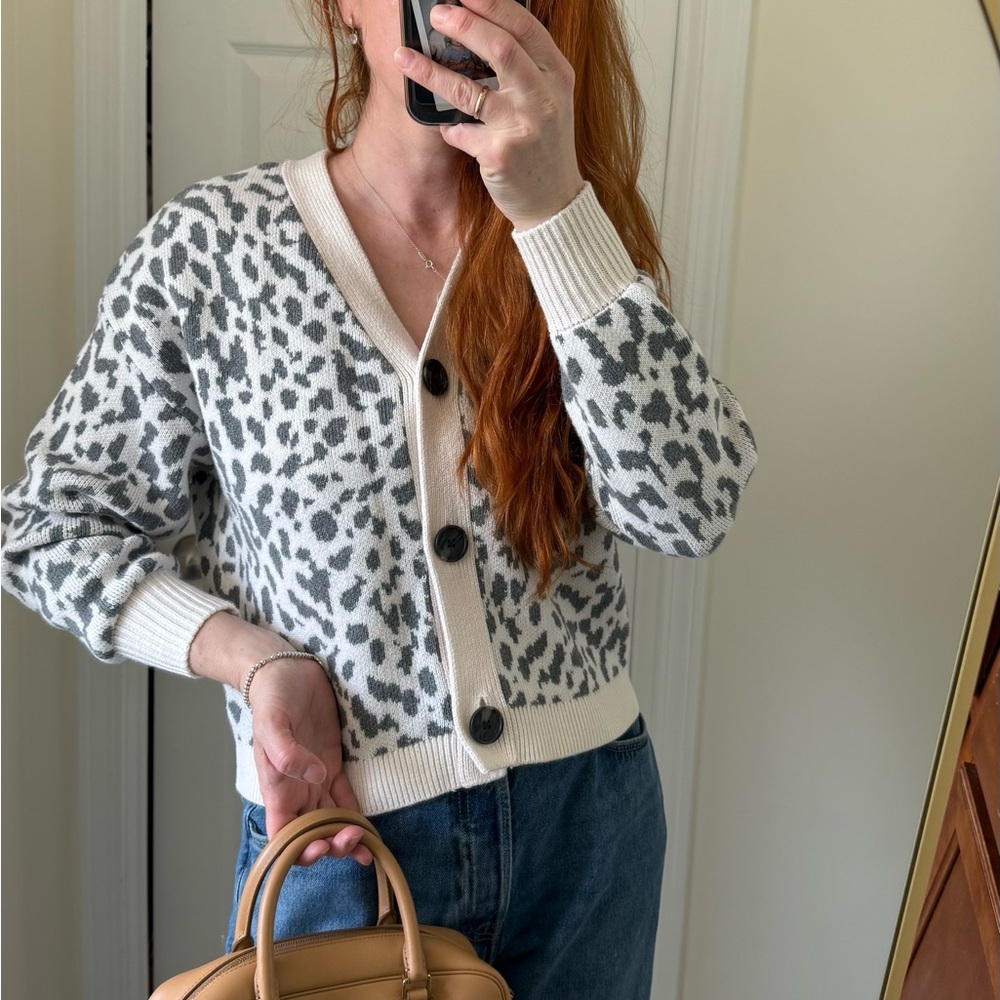 LOFT 100% cotton Leopard Print Cardigan Sweater size Sc - Picture 3 of 7
